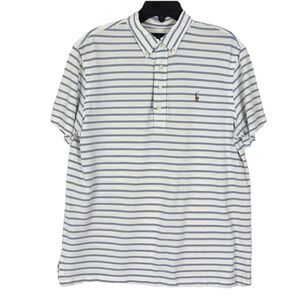 Ralph Lauren White Blue Striped Polo Shirt Men’s Large Preppy Golf Tennis Work